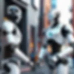 Futuristic robot interacting with humans in an urban setting