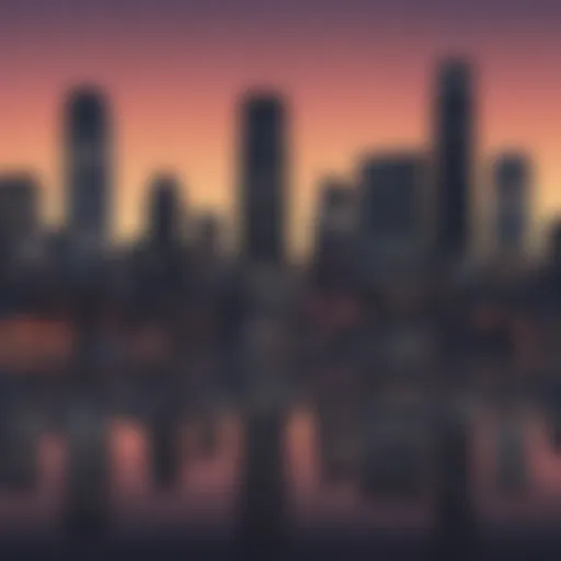 Silhouettes of city buildings against a sunset sky