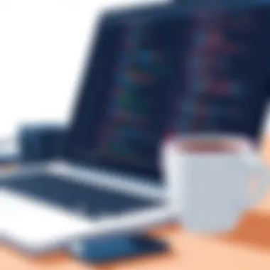 A close-up of coding on a laptop with a coffee cup beside it.