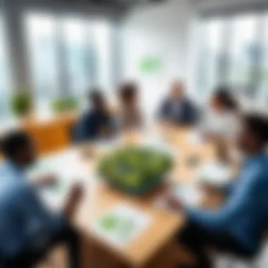 Innovative Thinking for a Greener Tomorrow A group of diverse individuals engaging in a sustainability brainstorming session in an office