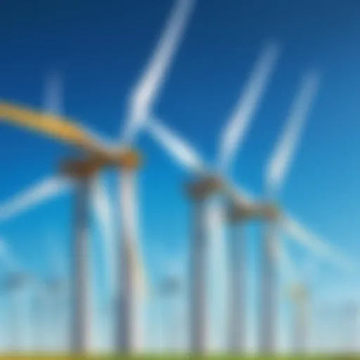 A vibrant wind farm with turbines rotating against a clear blue sky