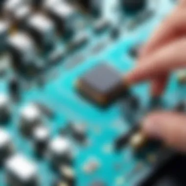 Close-up of a hardware engineer analyzing a circuit board.