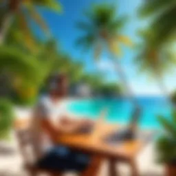 Digital Nomad Working with Laptop in Tropical Paradise