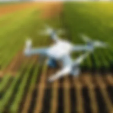 A drone in agricultural fields enhancing crop monitoring.