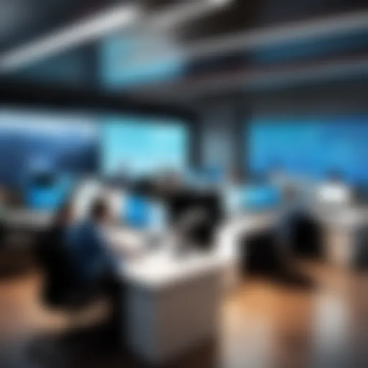 A diverse team collaborating on a project in a dynamic office environment.