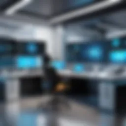 A futuristic workspace showcasing advanced technology and coding