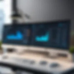 A modern workspace featuring dual monitors displaying data entry software.