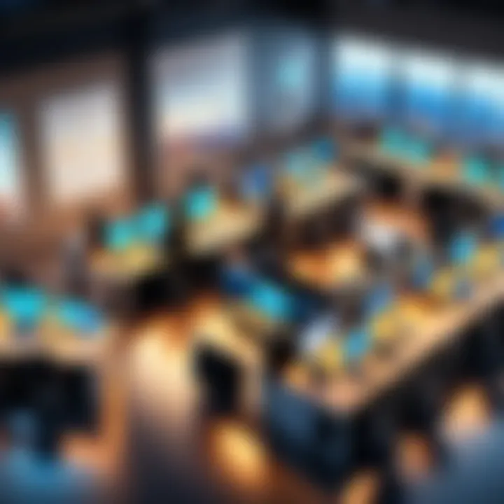 An overview of a bustling startup incubator space filled with entrepreneurs and collaborative work.