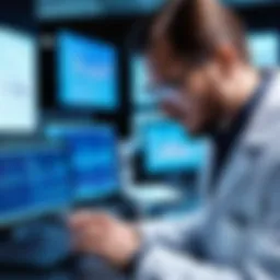 A researcher analyzing data in a biotech lab