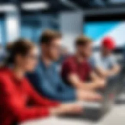 Dynamic workspace showcasing collaboration among interns at Red Hat.