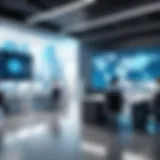 A futuristic office setting showcasing remote collaboration
