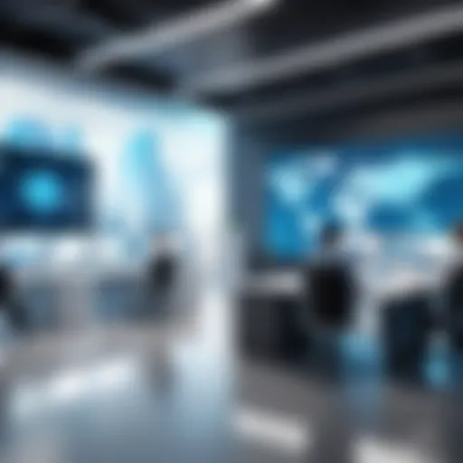 A futuristic office setting showcasing remote collaboration