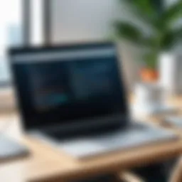 A modern digital workspace featuring chat interface on a laptop