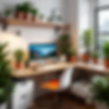 Comfortable and Productive Work Environment A cozy workspace with plants and stationery