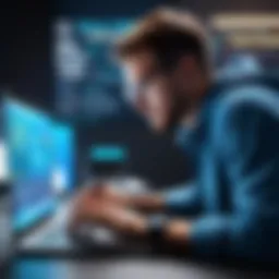 A software engineer working on a laptop with code displayed on the screen
