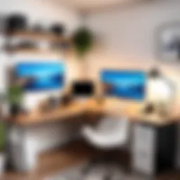 A well-organized home office setup with a computer, good lighting, and a clean background.