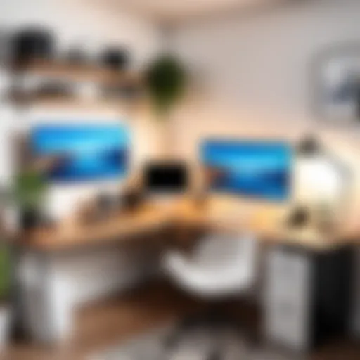 A well-organized home office setup with a computer, good lighting, and a clean background.