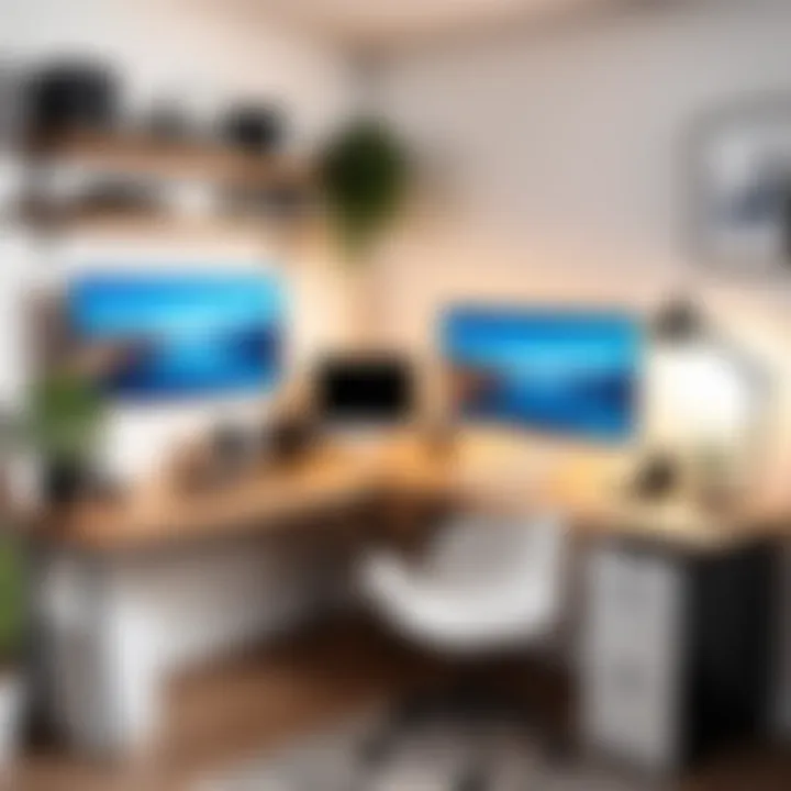 A well-organized home office setup with a computer, good lighting, and a clean background.