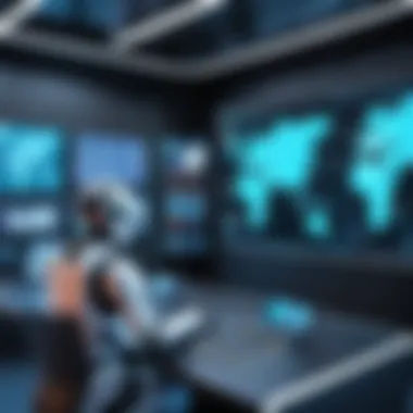 Futuristic Control Room Monitoring Robotics A futuristic control room monitoring robotic operations with cyber security measures.