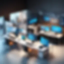 An overview of a small IT company workspace, showcasing modern technology and teamwork.
