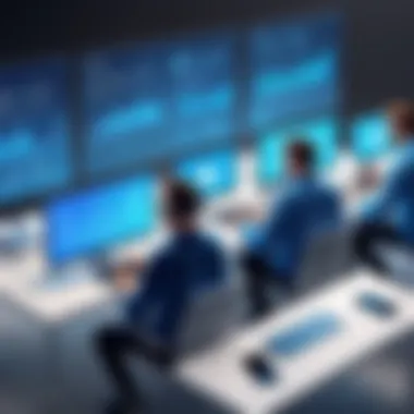 Artistic depiction of mobile developers creating applications for various devices.