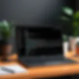 A modern workspace featuring coding on a laptop.