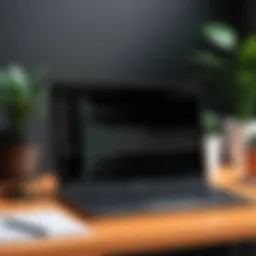 A modern workspace featuring coding on a laptop.